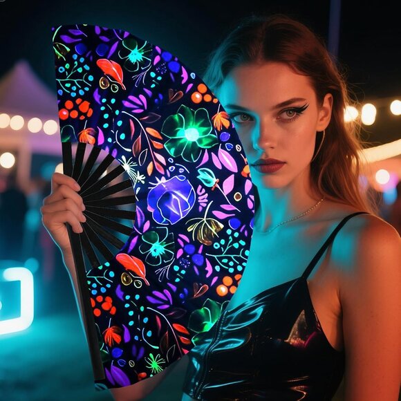 Large Folding Hand Fan, UV Glow Fan for Rave, Festival Folding Hand Fan for Wome - Picture 2 of 7